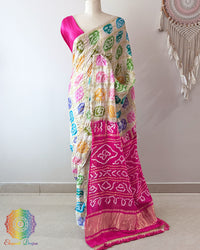Off White Pure Gajji Silk Multicolor Bandhani Gharchola Saree with Rani Pink Pallu