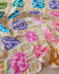 Off White Gajji Silk Bandhani Saree with Multicolor Bandhani motifs