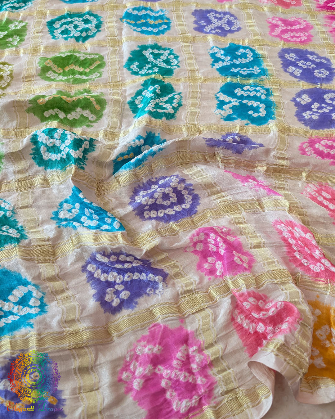 Close-up of Multicolor Bandhani motifs on Off White Gajji Silk Saree