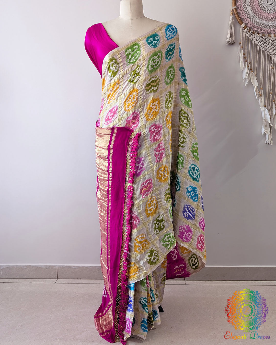 Off White Pure Gajji Silk Multicolor Bandhani Gharchola Saree full view