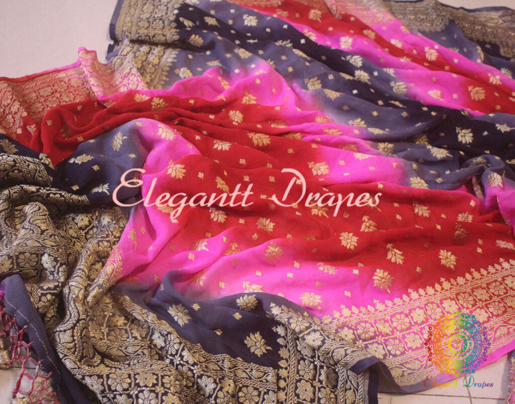 Multi Shaded Banarasi Handloom Pure Georgette Dupatta | Elegantt Drapes