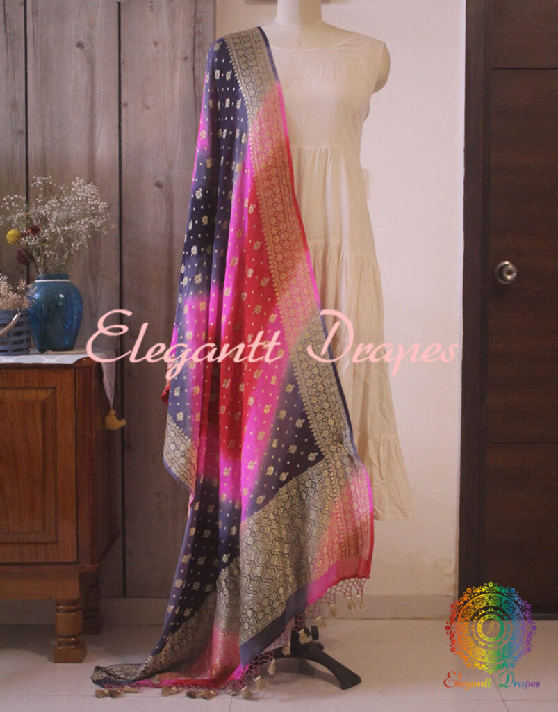 Multi Shaded Banarasi Handloom Pure Georgette Dupatta | Elegantt Drapes
