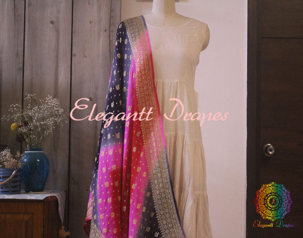 Multi Shaded Banarasi Handloom Pure Georgette Dupatta | Elegantt Drapes