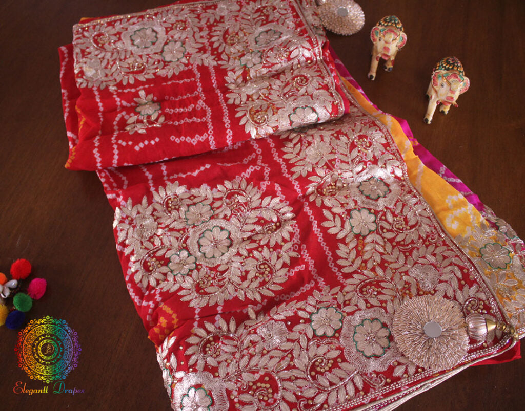 Multi Shaded Gota Patti Handwork Pure Rai Bandhej Saree