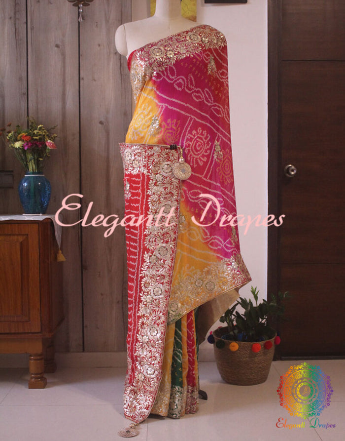 Multi Shaded Gota Patti Handwork Pure Rai Bandhej Saree