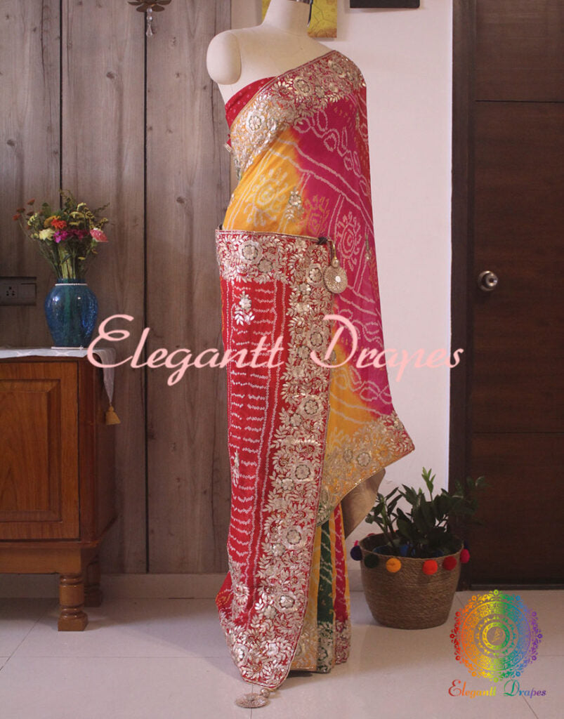 Multi Shaded Gota Patti Handwork Pure Rai Bandhej Saree