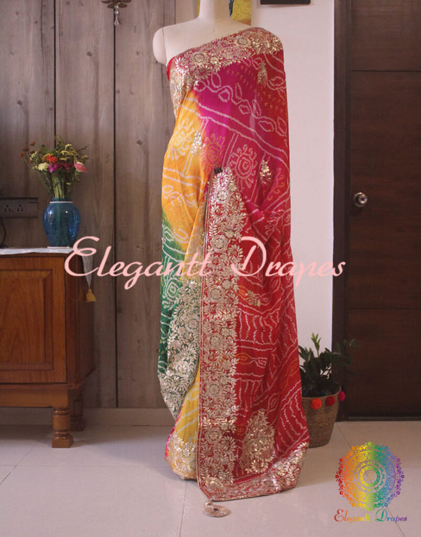 Multi Shaded Gota Patti Handwork Pure Rai Bandhej Saree