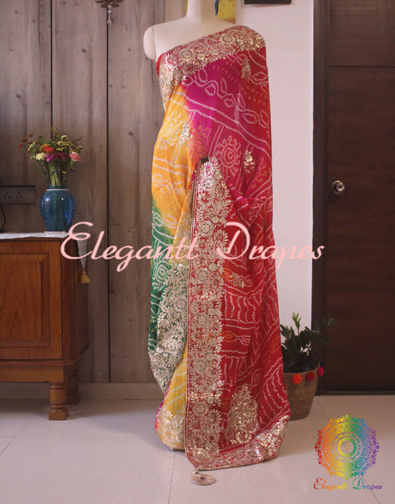 Multi Shaded Gota Patti Handwork Pure Rai Bandhej Saree