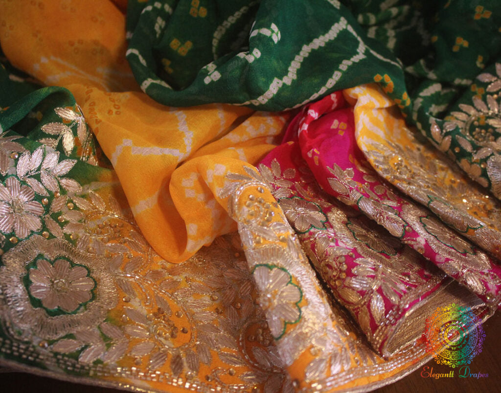 Multi Shaded Gota Patti Handwork Pure Rai Bandhej Saree