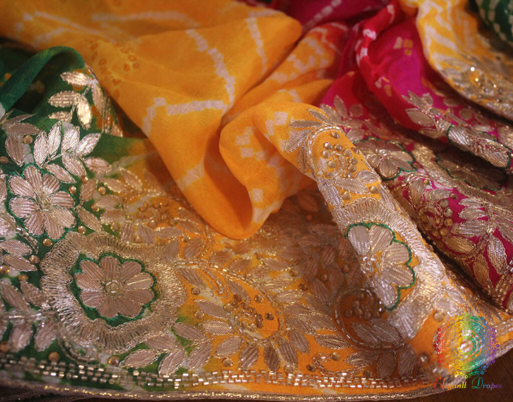 Multi Shaded Gota Patti Handwork Pure Rai Bandhej Saree