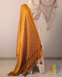 Mustard Yellow Gajji Silk Bandhani Dupatta full drape view