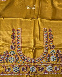 Back view of Mustard Golden Mashru Silk Blouse Piece with Kutch handwork