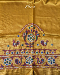 Close-up of Kutch embroidery on sleeve of Mustard Golden Mashru Silk Blouse Piece