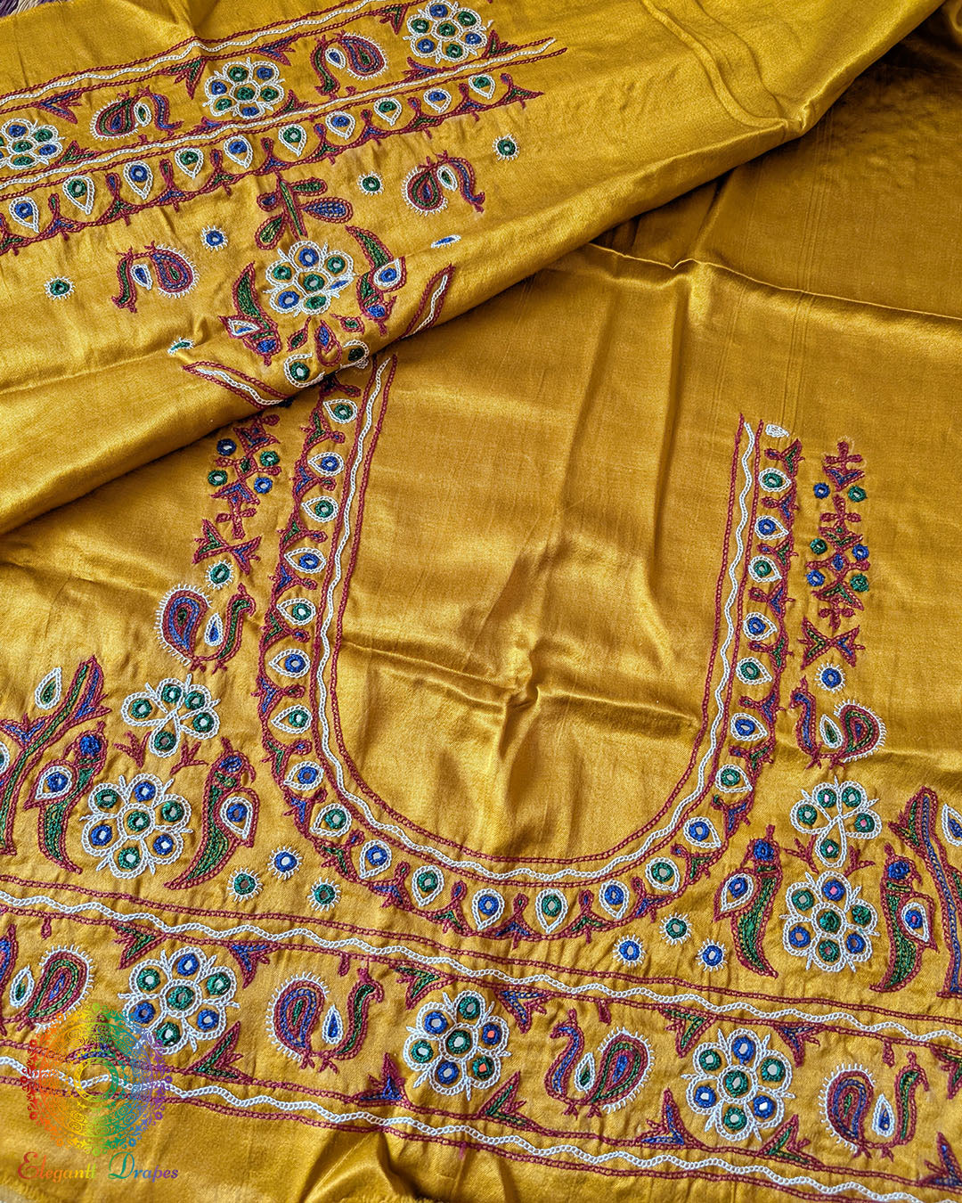 Mustard Golden Mashru Silk Kutch Work Blouse Piece full view