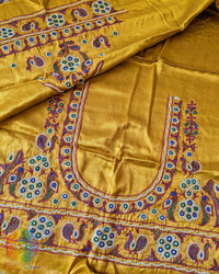 Mustard Golden Mashru Silk Kutch Work Blouse Piece full view