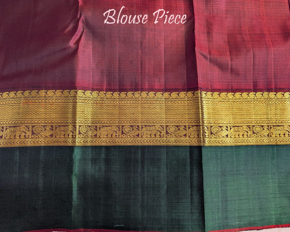 Mustard Kanjivaram silk saree blouse piece with green border and zari detailing