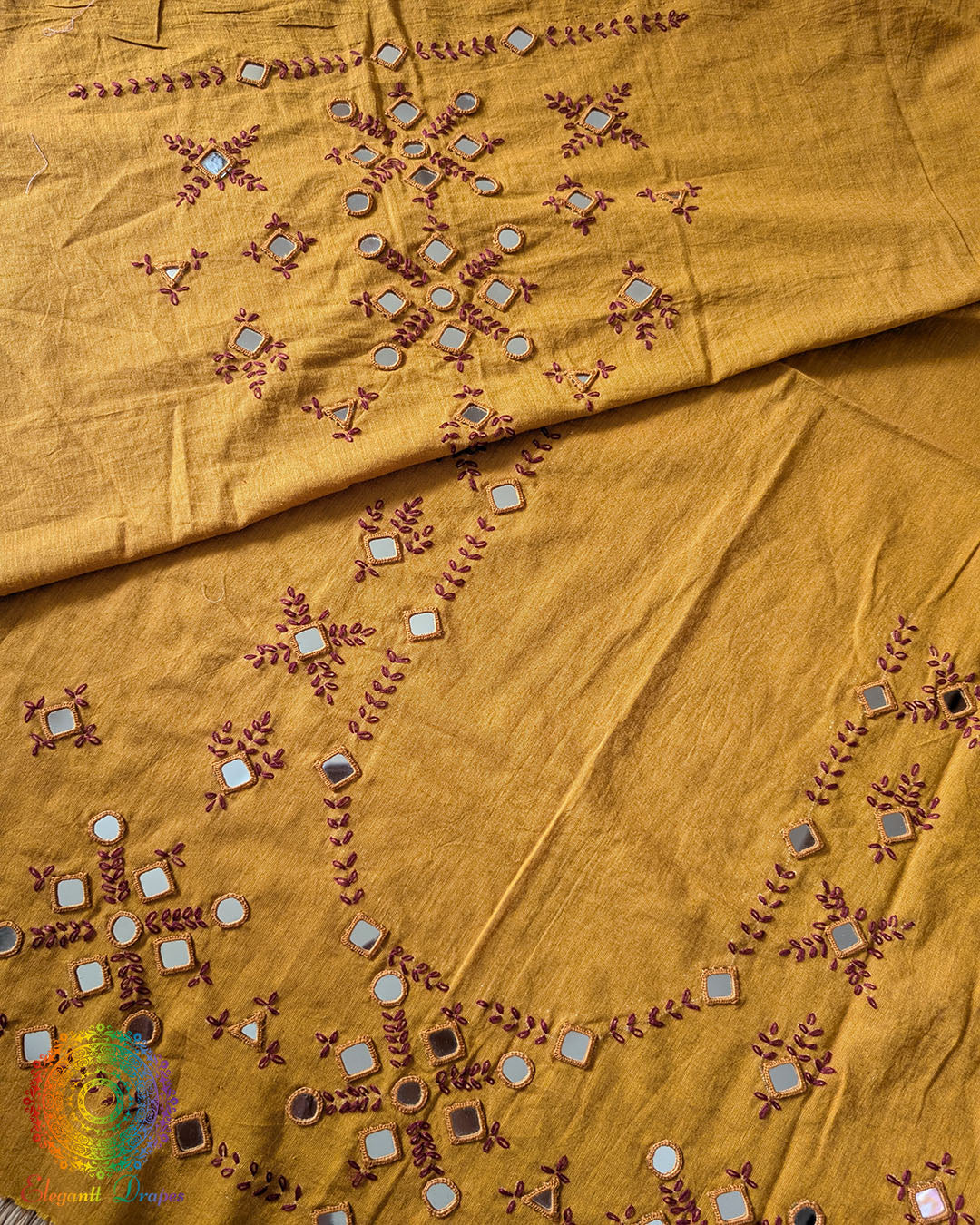 Mustard Kala Cotton Kutch Mirror Handwork blouse piece featuring traditional thread embroidery and real mirror embellishments, suitable for customised ethnic blouse stitching.