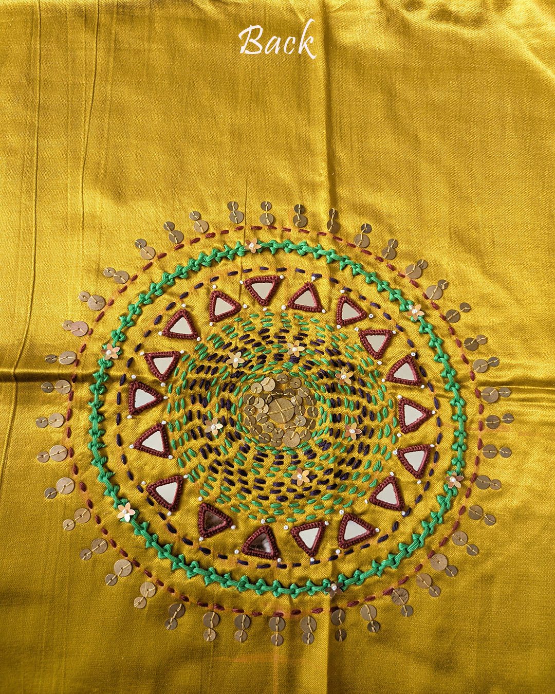 Back View of Mustard Mashru Silk Kutch Handwork Blouse Piece
