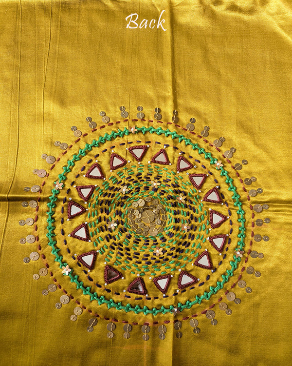 Back View of Mustard Mashru Silk Kutch Handwork Blouse Piece