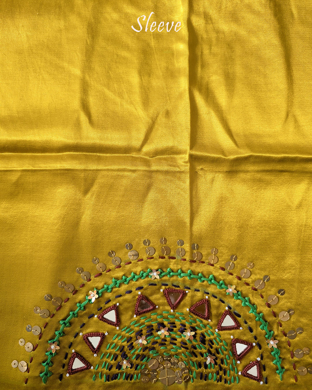 Sleeve Detail of Mustard Mashru Silk Blouse with Kutch Handwork, Mirrors and Sequins