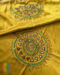 Mustard Mashru Silk Kutch Handwork Blouse Front View with Mirror and Sequin Work
