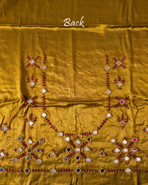 Close-up of Kutch mirror work on the back of Mustard Mashru Silk Blouse Piece