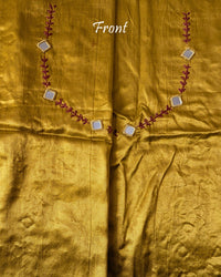 Close-up of Kutch mirror work on front neckline of Mustard Mashru Silk Blouse Piece