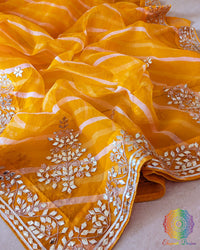 Mustard Orange Organza Leheria Saree – Detailed body view highlighting the delicate Leheria waves and intricate Kachha Gota Handwork across the Organza fabric