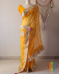 Mustard Orange Organza Leheria Saree with Kachha Gota Handwork – Palla Drape showcasing the detailed palla with traditional Leheria pattern and handcrafted Kachha Gota work