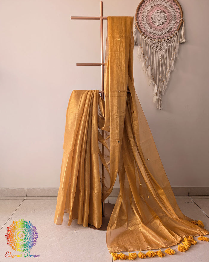 Mustard yellow Bengal mul tissue saree drape view with sequins work