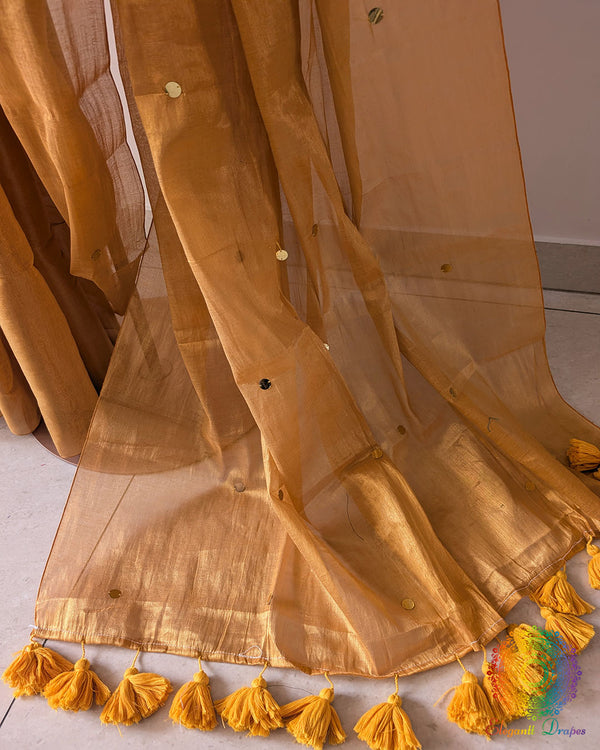 Mustard yellow Bengal mul tissue saree open palla view showing sequins detailing