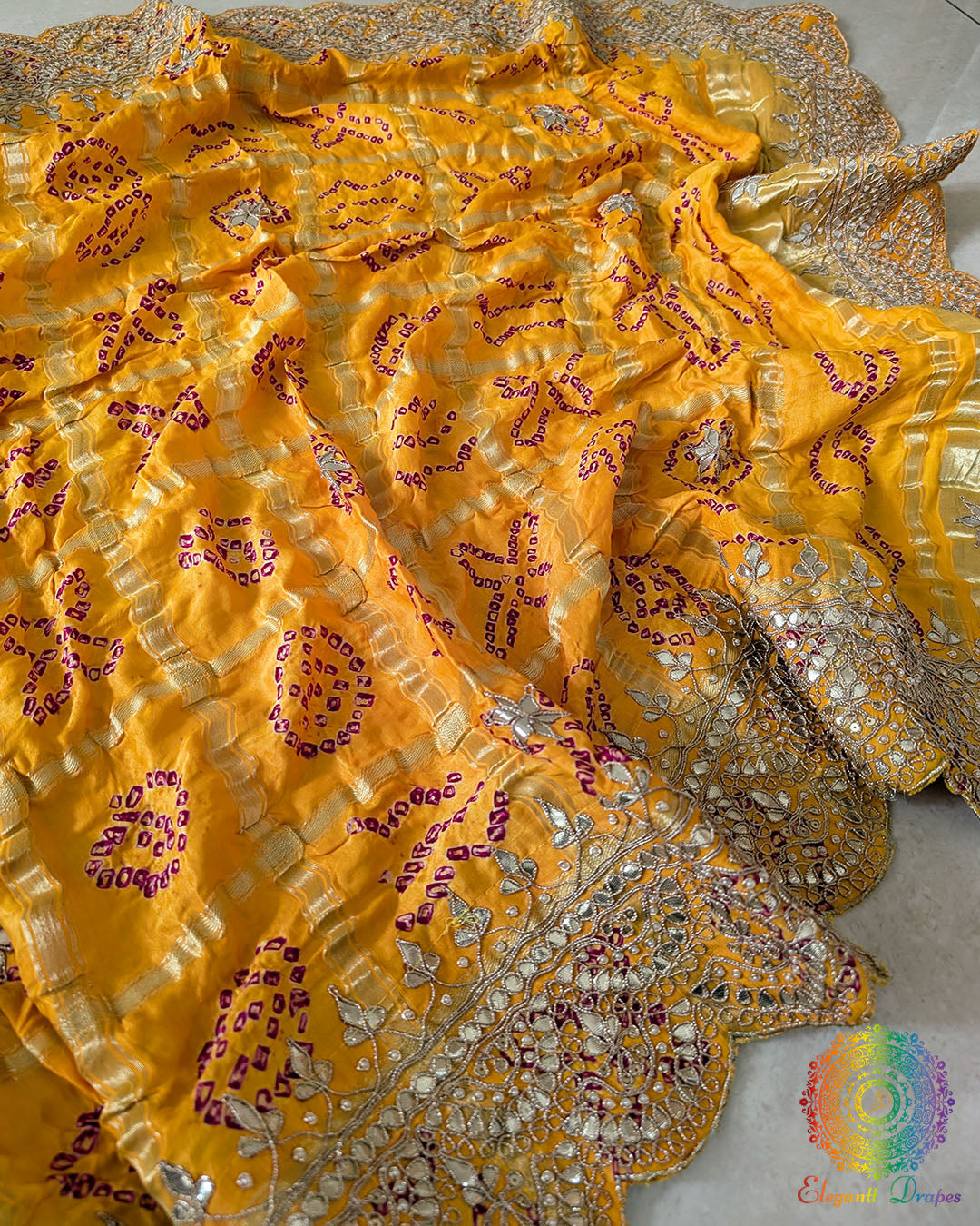 Close-up of scalloped edge on Mustard Yellow Gaji Silk Bandhani Dupatta