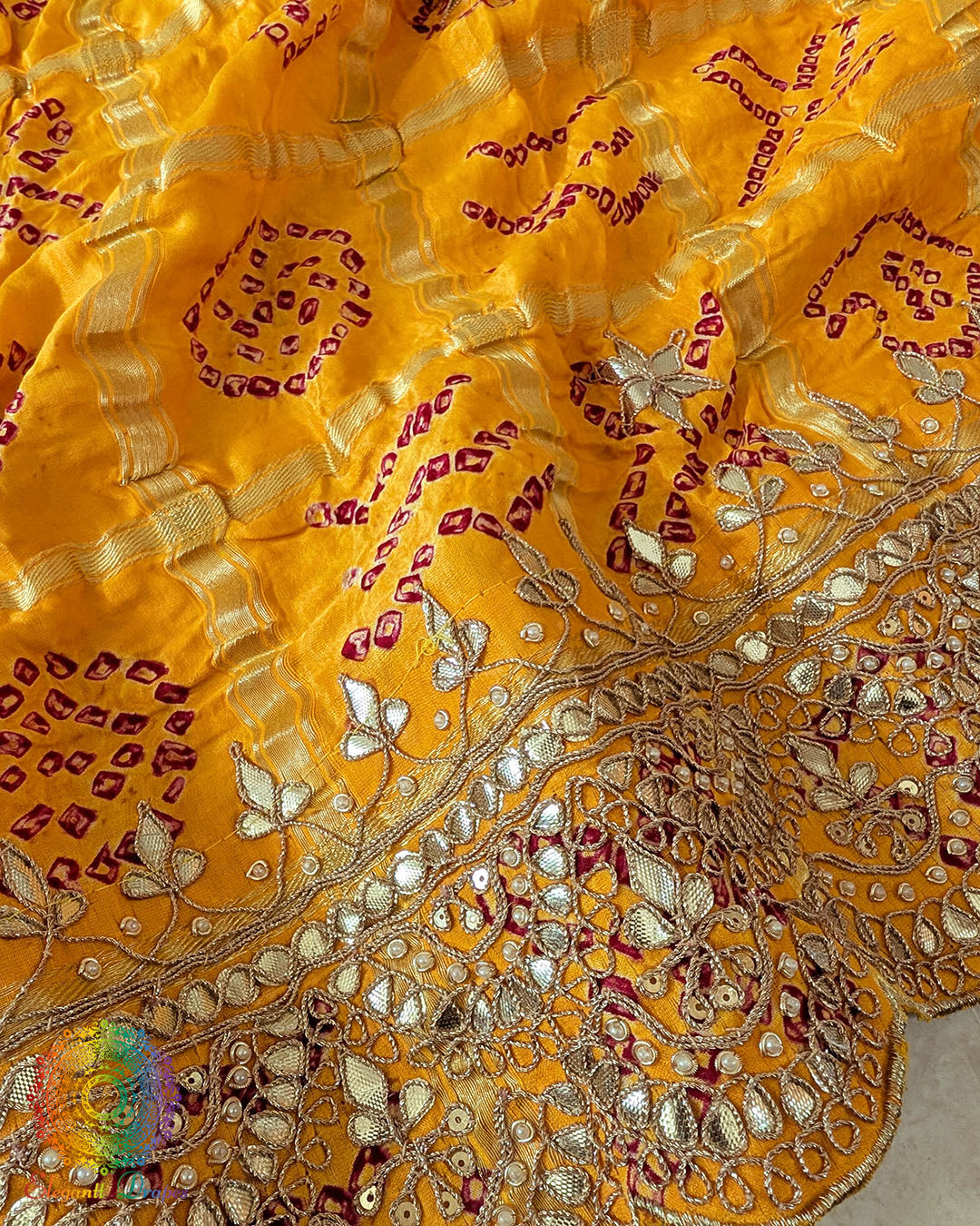 Detailed view of Mustard Yellow Gaji Silk Bandhani Dupatta with Gota Patti Handwork