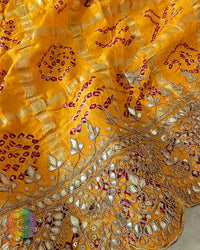 Detailed view of Mustard Yellow Gaji Silk Bandhani Dupatta with Gota Patti Handwork