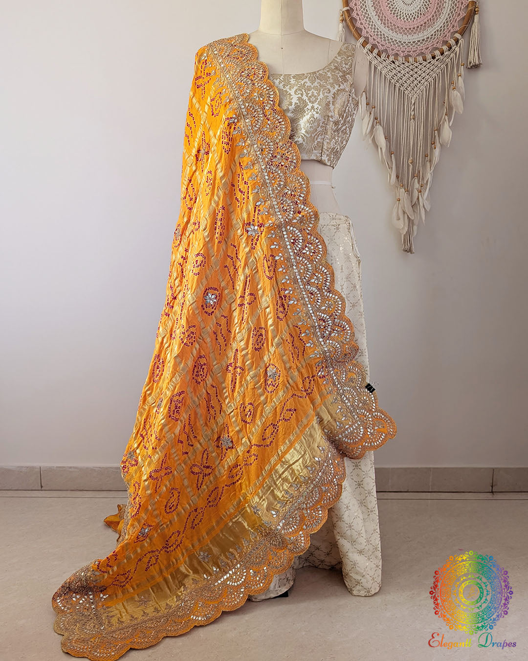 Mustard Yellow Gaji Silk Bandhani Gota Patti Scalloped Dupatta draped view