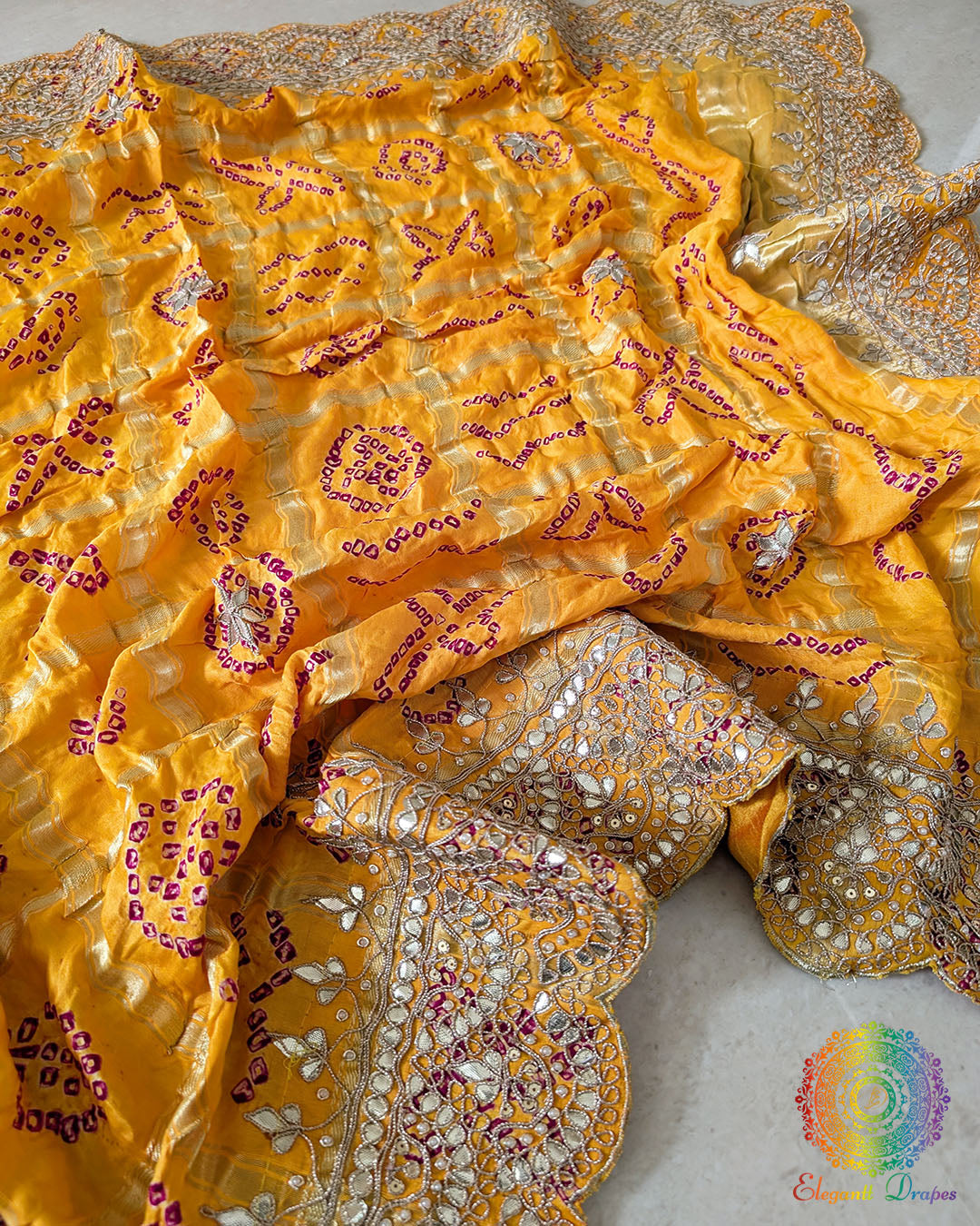 Close-up of Bandhani and Gota Patti Handwork on Mustard Yellow Gaji Silk Dupatta