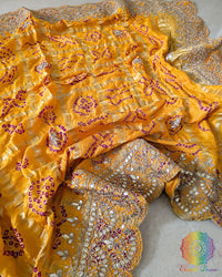 Close-up of Bandhani and Gota Patti Handwork on Mustard Yellow Gaji Silk Dupatta