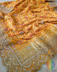 Close-up of Gota Patti Handwork on Mustard Yellow Bandhani Dupatta