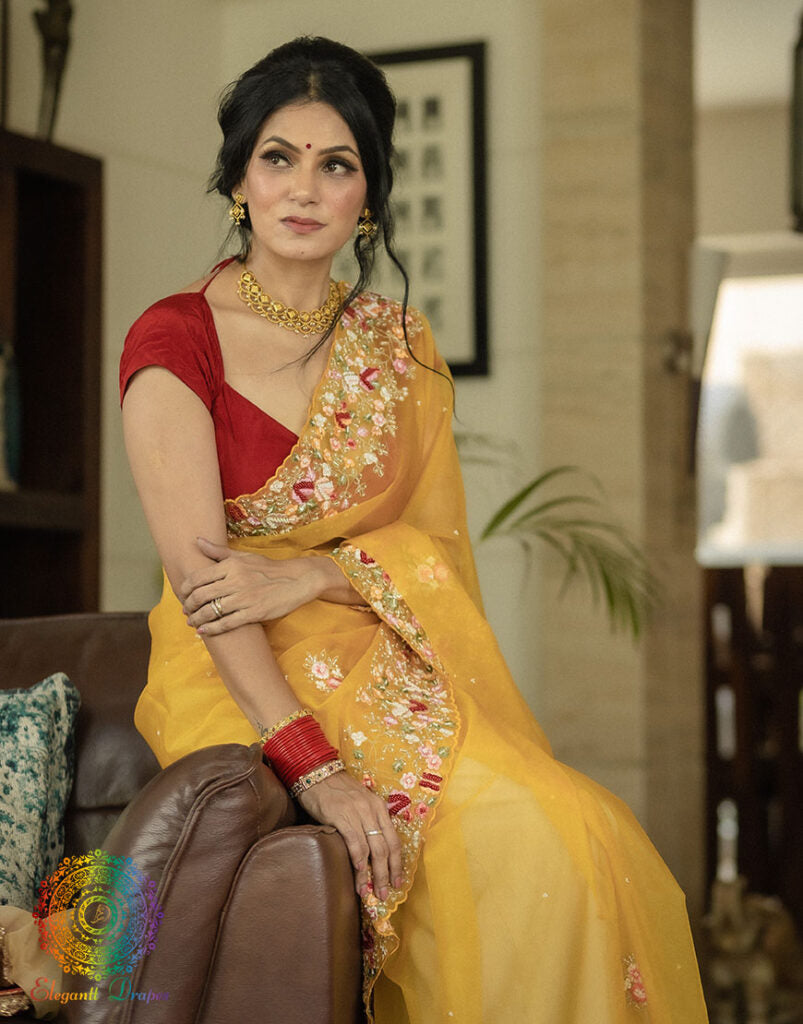 Canary Yellow Pure Organza Silk Hand Embroidered Saree
