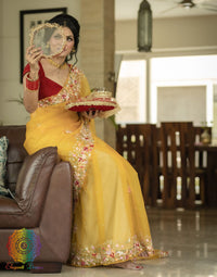 Canary Yellow Pure Organza Silk Hand Embroidered Saree