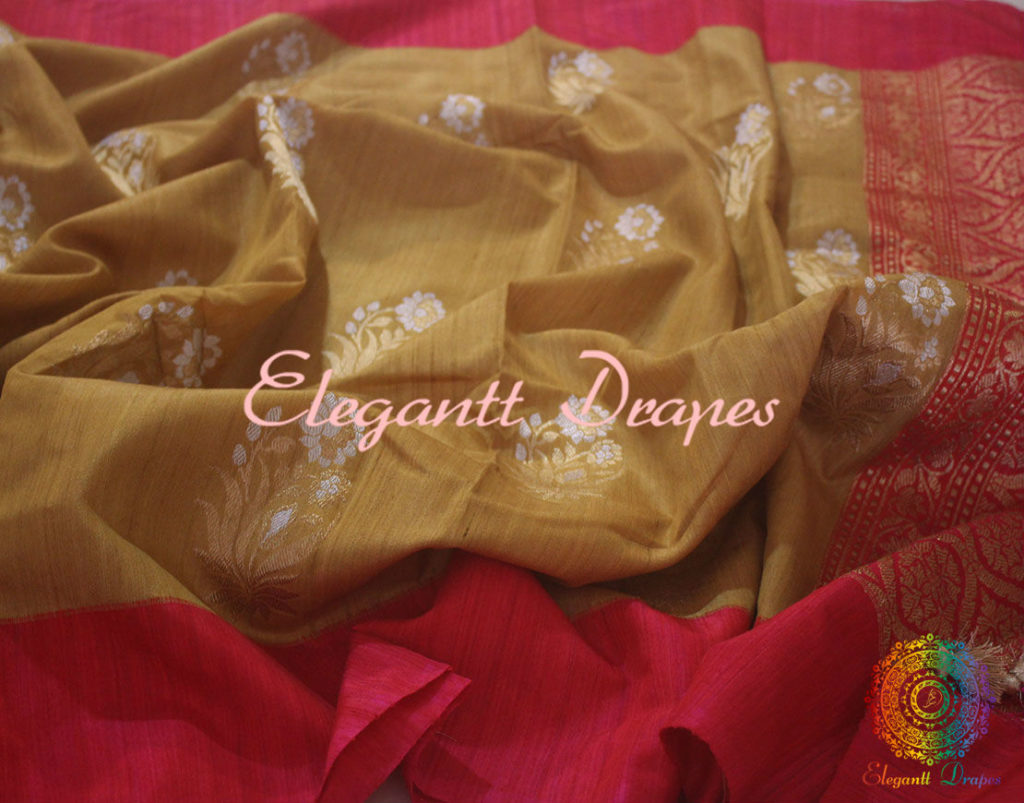Mustard Banarasi Pure Tussar Silk Alfi Saree | Elegantt Drapes