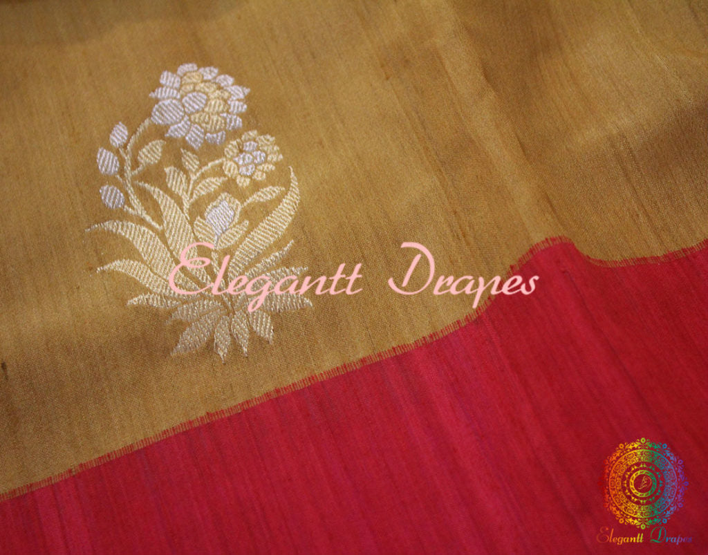 Mustard Banarasi Pure Tussar Silk Alfi Saree | Elegantt Drapes