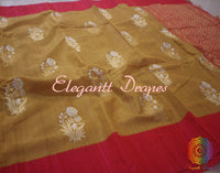 Mustard Banarasi Pure Tussar Silk Alfi Saree | Elegantt Drapes