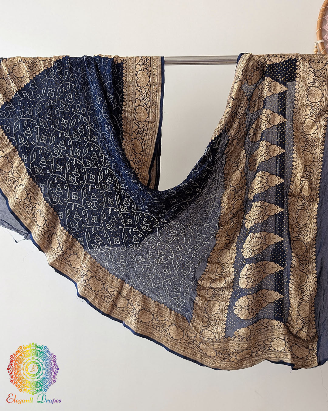 Navy Blue Banarasi Khaddi Georgette Rai Bandhej Dupatta full view