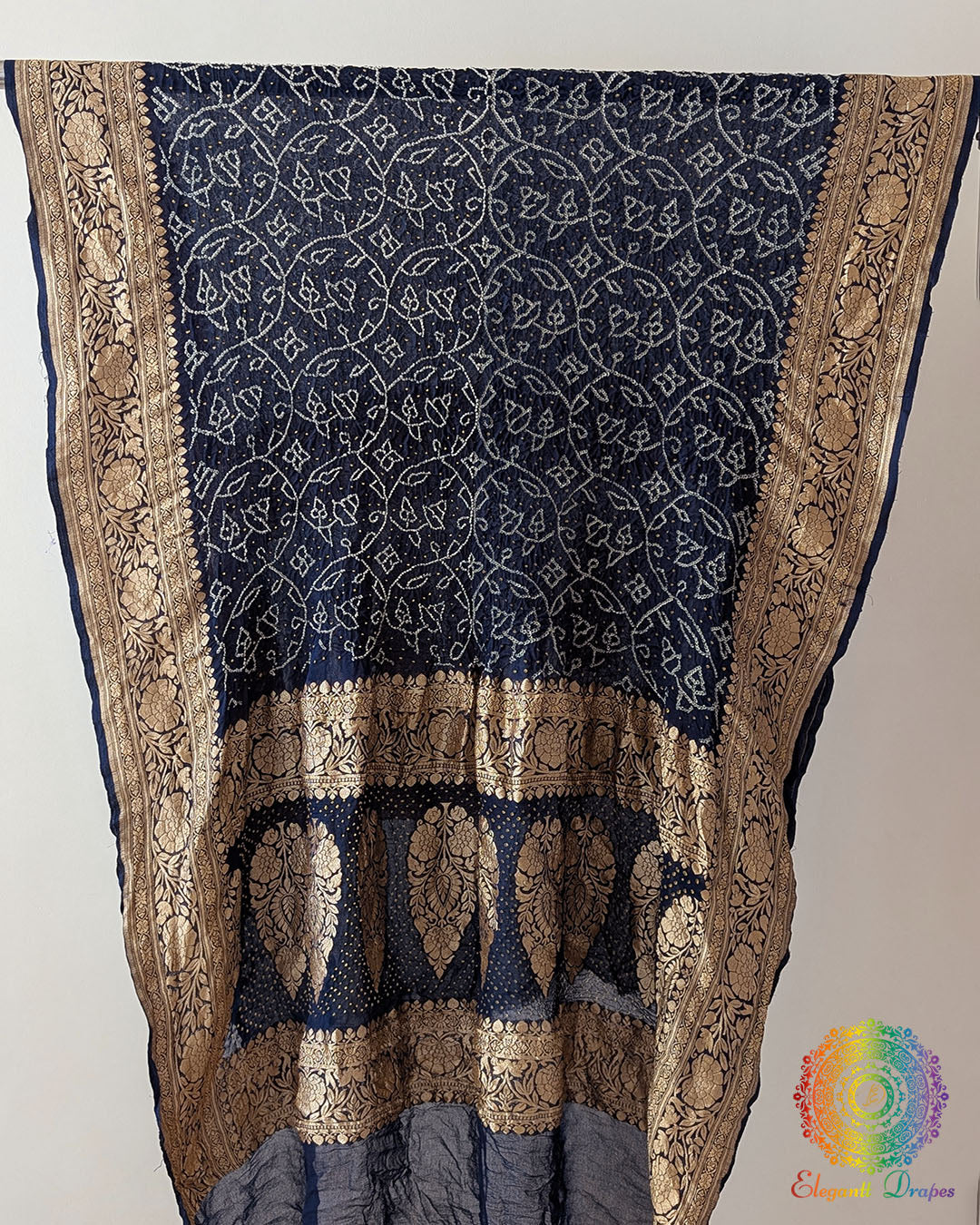 Navy Blue Rai Bandhej Dupatta with Banarasi Khaddi Georgette weave full view