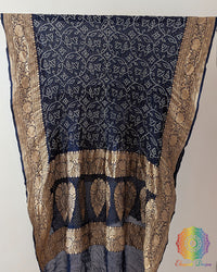 Navy Blue Rai Bandhej Dupatta with Banarasi Khaddi Georgette weave full view