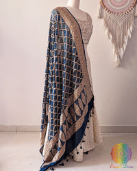 Side view of navy blue Banarasi georgette Gharchola Bandhani dupatta showcasing elegant drape and traditional Gharchola checks