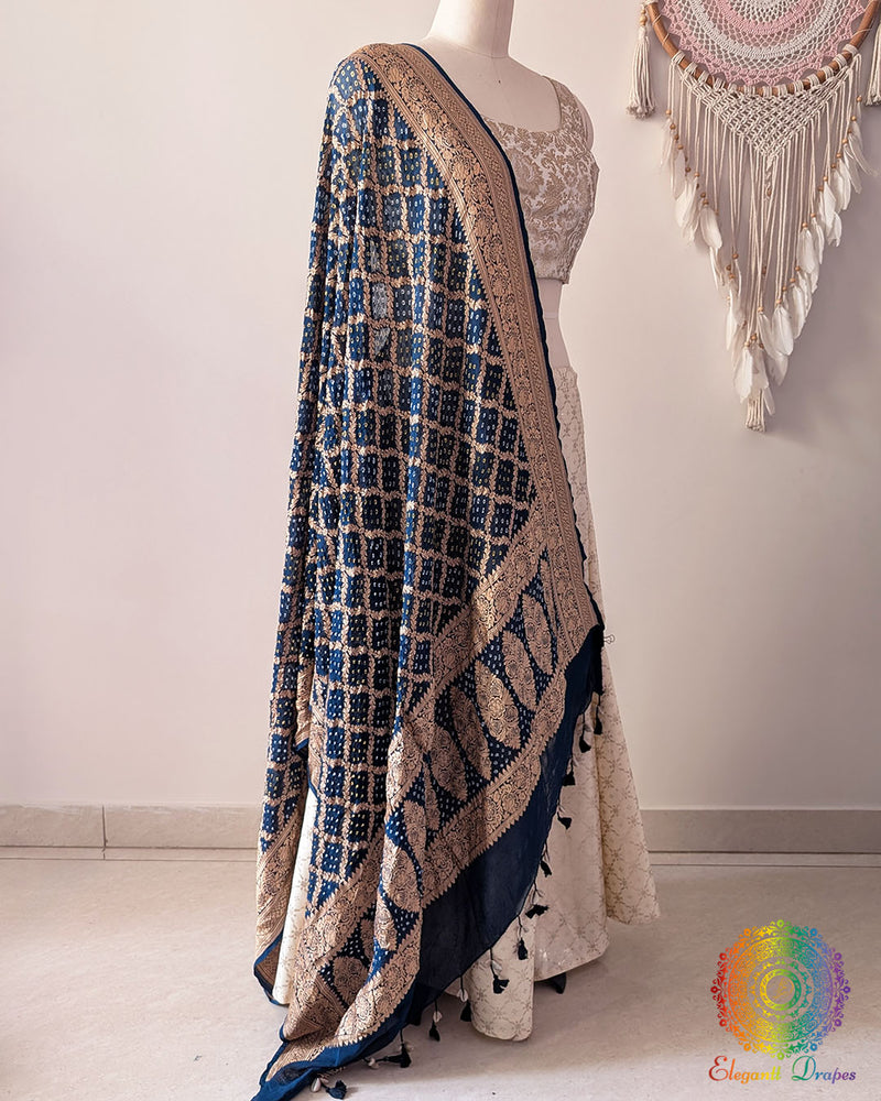 Side view of navy blue Banarasi georgette Gharchola Bandhani dupatta showcasing elegant drape and traditional Gharchola checks