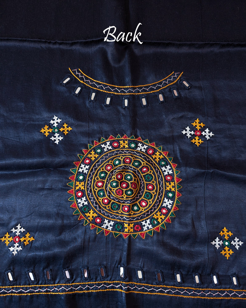 Midnight blue Mashru silk blouse piece with Kutch embroidery back