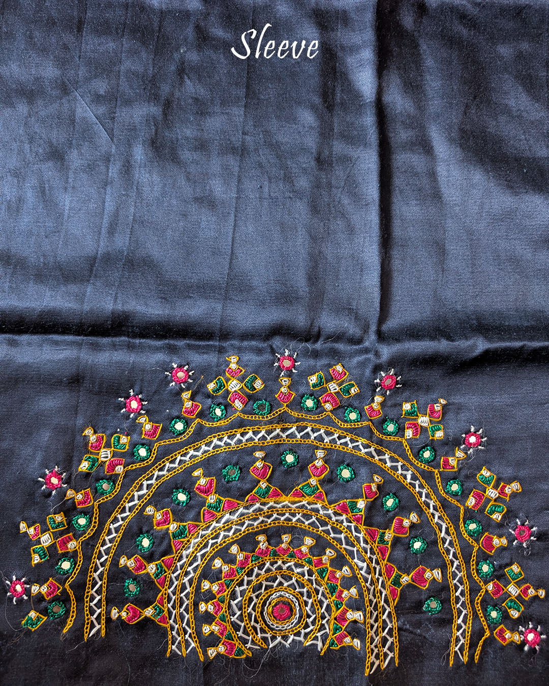 Sleeve Detail of Navy Blue Mashru Silk Bavadiya Handwork Blouse Piece